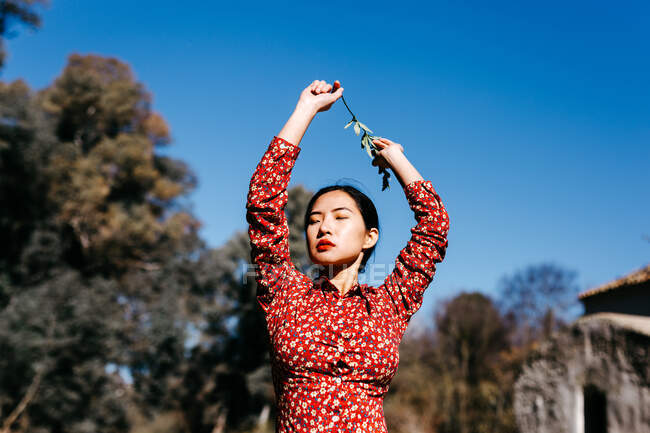 Stylish asian woman with closed eyes holding thin branch in raised arms while standing near peaceful lake on cloudless day in countryside — Stock Photo