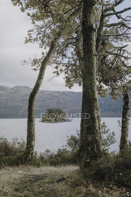 Hermoso paisaje tranquilo de lago rodeado de bosque verde y montañas de niebla en el día nublado de otoño en Escocia - foto de stock