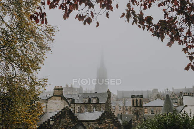 Удивительный вид на древний шотландский город Инвернесс с каменными домами и высоким церковным зданием, покрытым туманом, обрамленным ветвями цветущих осенних деревьев — стоковое фото
