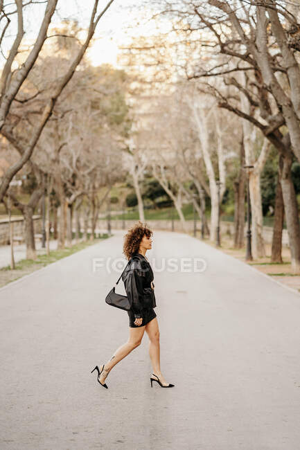 Vista lateral de la elegante mujer de negocios en falda de cuero negro y chaqueta cruzando camino de asfalto en el parque de la ciudad mientras viaja al trabajo - foto de stock