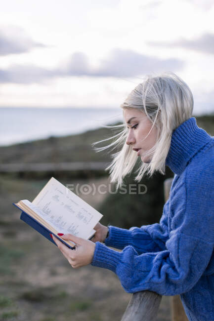 Vista laterale della giovane femmina in maglione blu appoggiata sulla recinzione in legno e godendo della poesia preferita mentre trascorre del tempo al mare — Foto stock