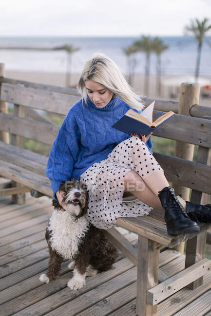 Молода жінка в блакитному светрі і спідниці сидить на дерев'яній лавці і пестить собаку, відпочиваючи з книгою на морі — стокове фото