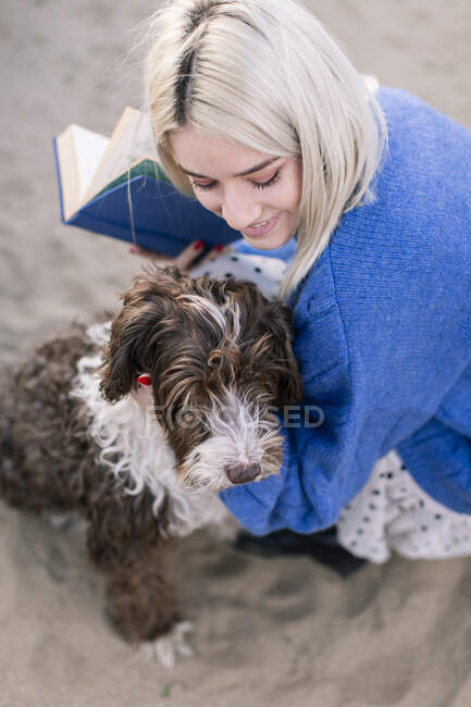 De cima feliz jovem fêmea em camisola casual e saia segurando livro e acariciando adorável cão encaracolado enquanto passa tempo livre na praia arenosa — Fotografia de Stock