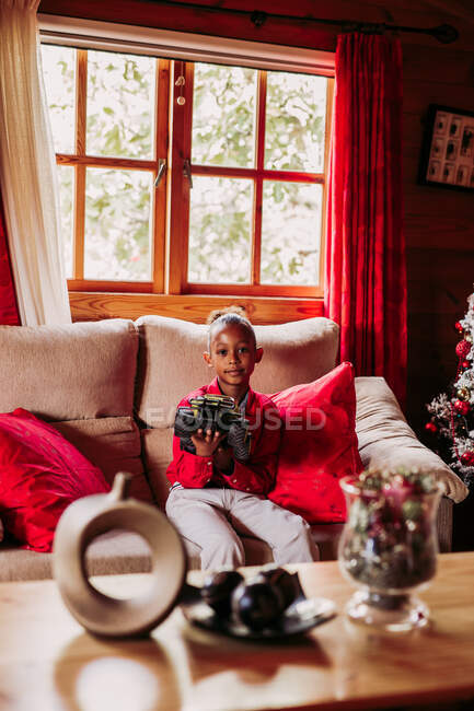 Satisfeito menina negra segurando brinquedo nas mãos e olhando para a câmera enquanto sentado no sofá perto da janela na acolhedora sala de estar com decoração de Natal — Fotografia de Stock