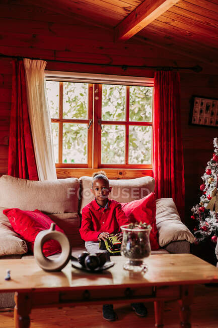 Chica negra satisfecha sosteniendo el juguete en las manos y mirando a la cámara mientras está sentado en el sofá cerca de la ventana en la acogedora sala de estar con decoración de Navidad - foto de stock