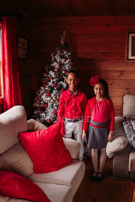 Two black girls looking at camera with a Christmas tree behind — Stock Photo