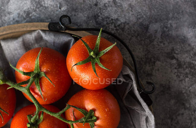 Зверху мокрих чистих помідорів на серветці сірої тканини на сірому бетонному столі — стокове фото