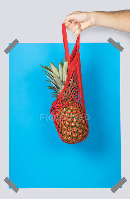 Pessoa irreconhecível carregando saco de rede com abacaxi maduro contra retângulo azul durante zero compras de resíduos — Fotografia de Stock