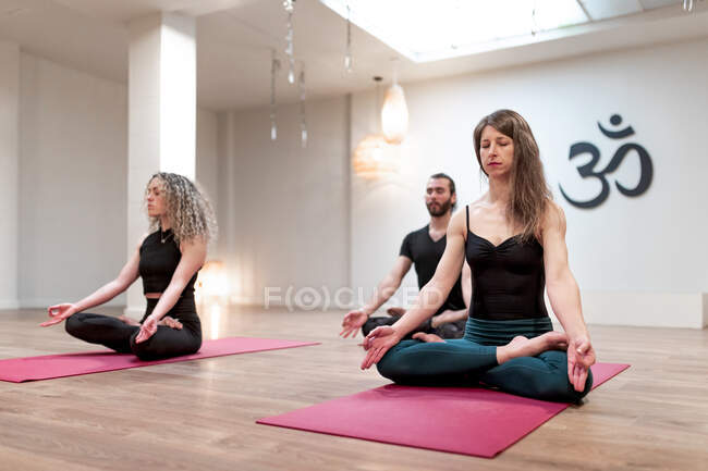 Relajante calmante para mujeres y hombres con los ojos cerrados sentados en la pose de loto con las manos de mudra concentradas después en la clase de yoga - foto de stock