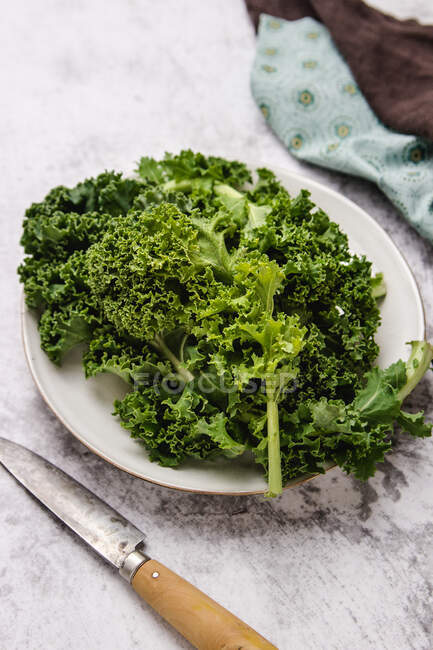 Assiette avec des feuilles vertes de chou frisé mûr placées près du couteau sur la table grise près des serviettes — Photo de stock