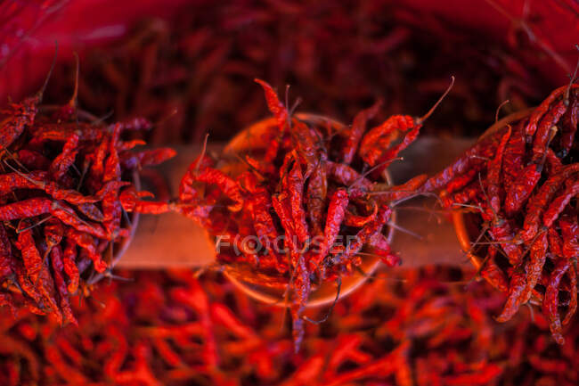 Вид зверху на сушений червоний гарячий перець чилі, організований в горщиках для продажу на ринку — стокове фото