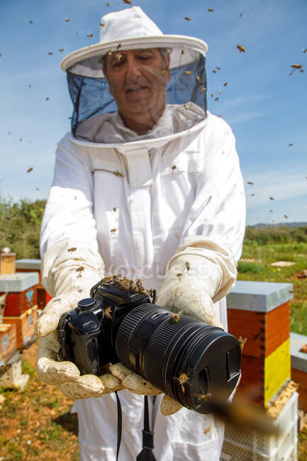 De abajo del apicultor en el traje protector y los guantes que sostienen la cámara fotográfica profesional de la colmena en el colmenar - foto de stock