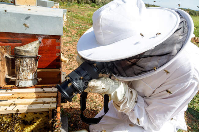 Vue de dessus de l'apiculteur méconnaissable en costume de protection et gants prenant des photos avec appareil photo de ruche dans le rucher — Photo de stock