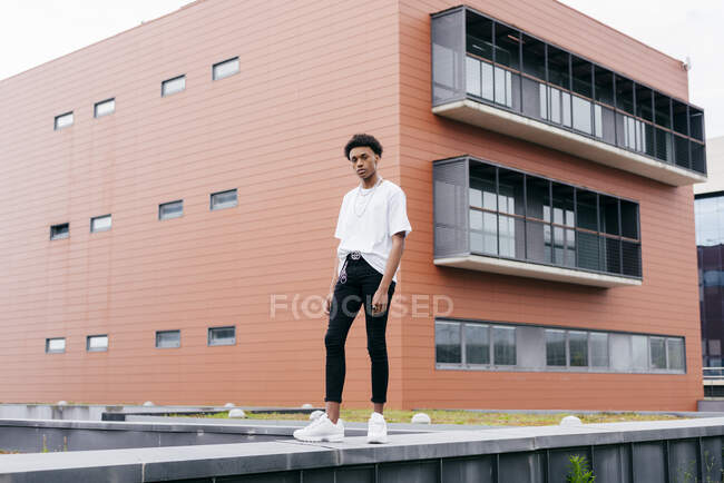 From below side view of young stylish African American male looking at camera in white shirt and tight pants with white sneakers standing on fence against pink city building — Stock Photo