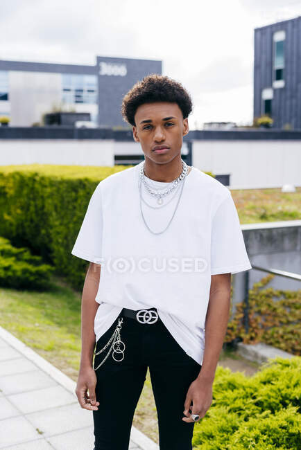 Junge schwarzgelockte männliche Teenager in stylischer Kleidung mit Ketten blicken in die Kamera, während sie auf der Stadtstraße stehen, mit grünen Pflanzen und Gebäuden im Hintergrund — Stockfoto