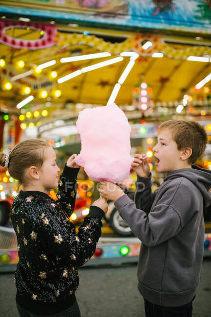 Side view of delighted girl and boy siblings smiling and eating sweet candyfloss while standing at funfair — Stock Photo