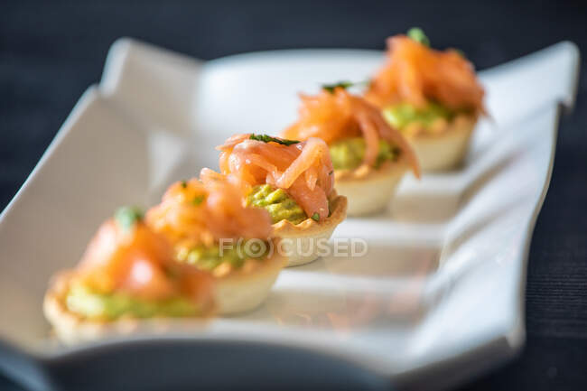 Closeup delicious tartlets with fish and guacamole arranged in row on ceramic plate in restaurant — Stock Photo