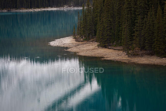Paesaggio pittoresco con lago maestoso con foresta di conifere sulla riva in campagna — Foto stock