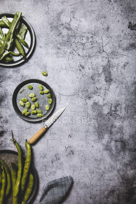 Haricots servis sur un plat sur fond gris — Photo de stock