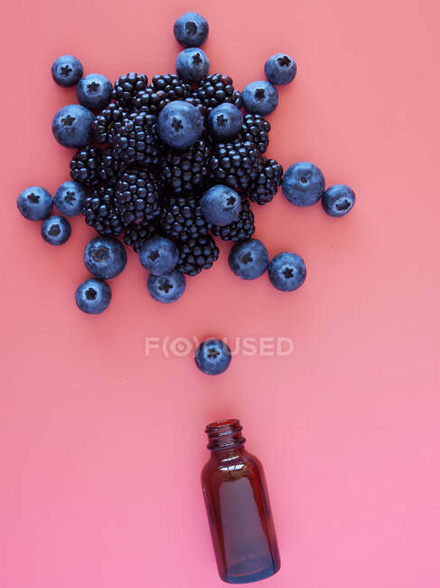 Mirtilos e amoras com pequena garrafa de vidro sobre fundo rosa — Fotografia de Stock