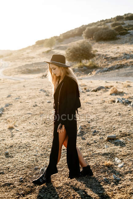 Mujer con estilo de pie sobre roca en el campo - foto de stock