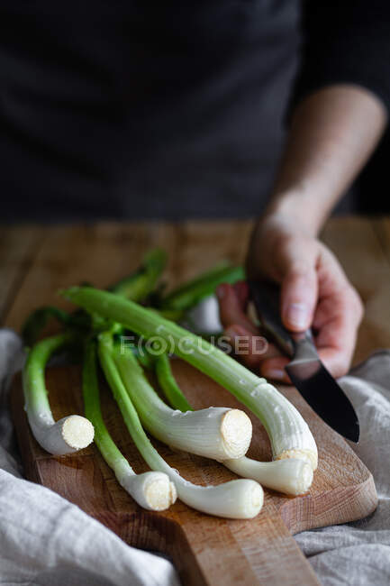Mãos de mulher cortada com faca e bando de cebolinhas maduras colocadas em tábua de corte de madeira e guardanapo de pano em mesa rústica na cozinha — Fotografia de Stock