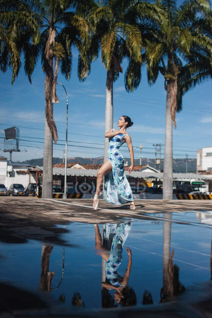 Mujer elegante de cuerpo entero en vestido largo de puntillas cerca de charco de agua y plantas tropicales mientras baila en la calle - foto de stock