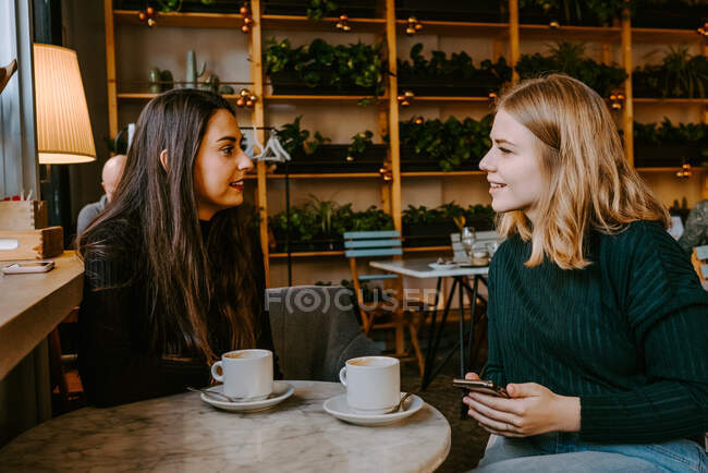 Amigos do sexo feminino descansando no café acolhedor — Fotografia de Stock