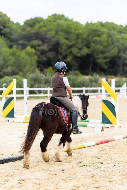 Обратный вид на неузнаваемого подростка-жокея в шлеме верхом на коричневой лошади на выездной арене во время тренировки в конной школе — стоковое фото