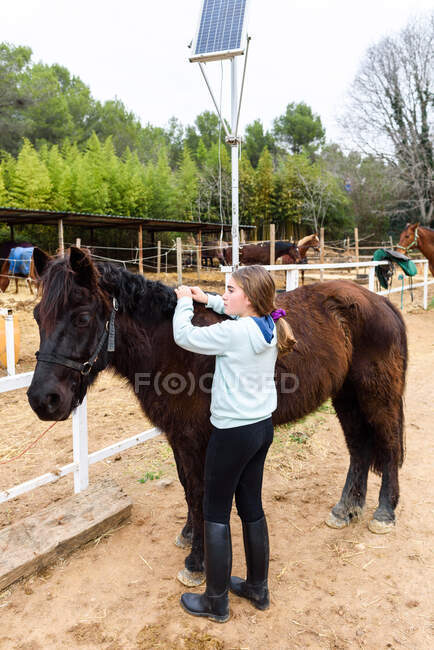 Teenager girl with manicured hands braiding black mane of bay horse while spending time on ranch — Stock Photo