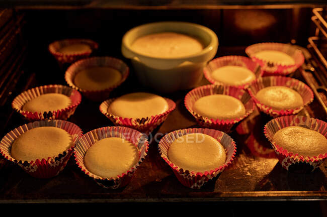 Hot oven with homemade baked cupcakes inside at home — Stock Photo