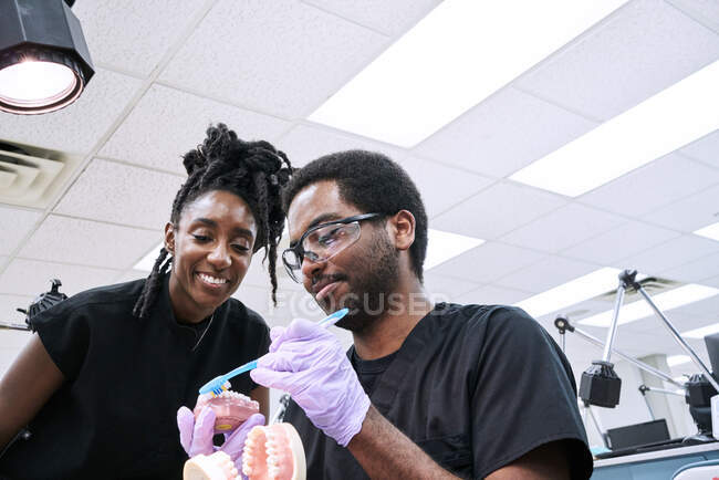 Низький кут щасливої афро-американської жінки з дредами і бородатий чоловік посміхається і чистить фальшиві зуби під час роботи в лабораторії — стокове фото