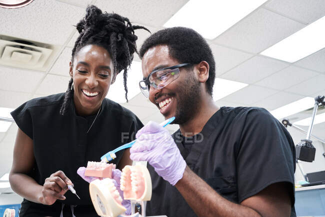 Baixo ângulo de mulher feliz afro-americana com dreadlocks e homem barbudo sorrindo e escovando dentes falsos durante o trabalho em laboratório — Fotografia de Stock