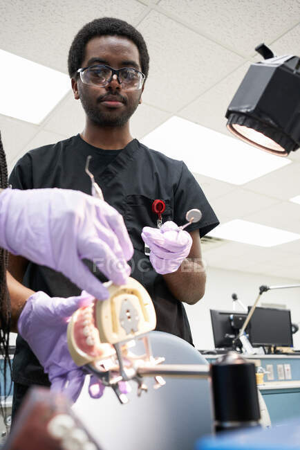 Чорні колеги досліджують зубний протез у лабораторії — стокове фото