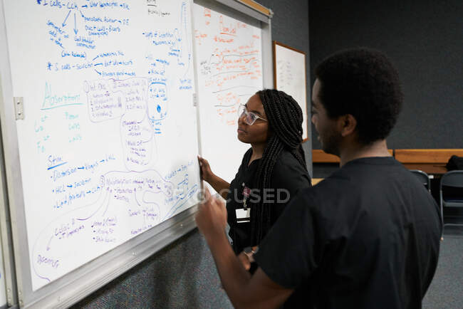 Hombre y mujer negros con trenzas leyendo y discutiendo notas en pizarra blanca mientras trabajan juntos en un laboratorio moderno - foto de stock