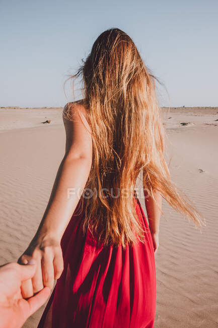 Rückansicht einer anonymen jungen Dame mit langen blonden Haaren, die ein stylisches rotes Kleid trägt und auf Sand in Richtung Kamera läuft und die Hand einer anonymen Person hält — Stockfoto