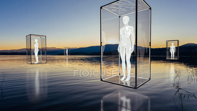 Los seres humanos protegidos y aislados del exterior en una caja de vidrio. Distanciamiento social - foto de stock