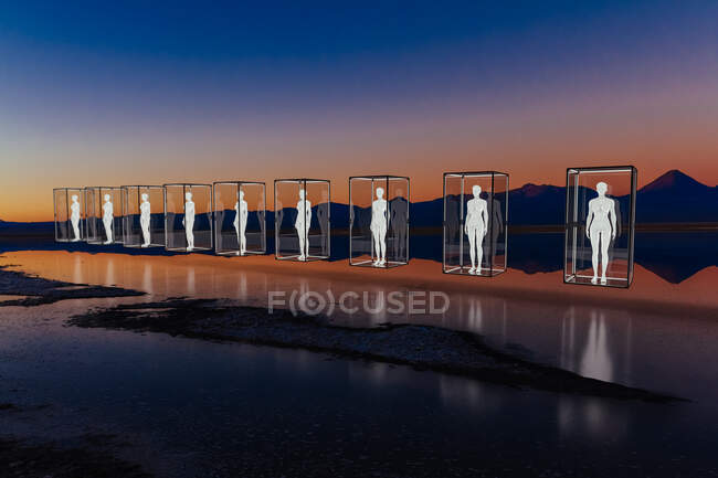 Humans protected and isolated from the outside in a glass box. Social distancing — Stock Photo