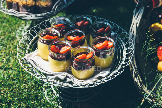 Склад свіжих смачних десертів, прикрашених полуницею, подається в скляних банках, розміщених на круглому металевому лотку зеленого газону в саду — стокове фото
