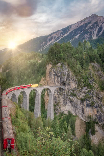 Treno su ferrovia su ponte ad arco in verde scenario montano, Svizzera — Foto stock