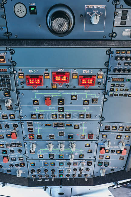Fire buttons on control panel in cockpit — Stock Photo