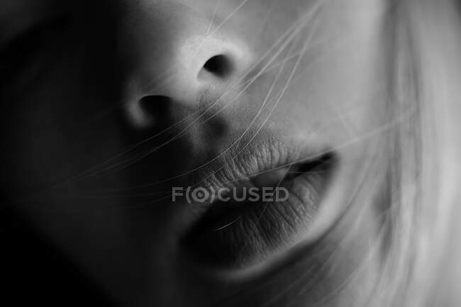 Primer plano de la cosecha mujer joven con labios sensuales y cabello rubio ondeando en la cara - foto de stock