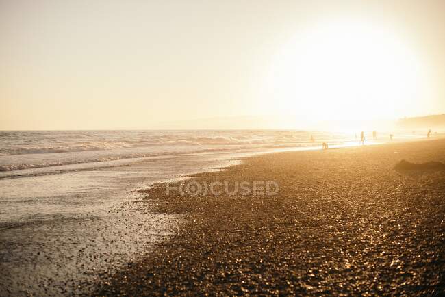 Vista panorámica de olas de surf en la playa con siluetas de personas distantes en la luz del atardecer - foto de stock