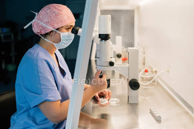 D'en haut médecin dans le masque médical et uniforme injectant l'ovule sur la boîte de Pétri et examinant la cellule au microscope dans le laboratoire de la clinique moderne de fertilité — Photo de stock