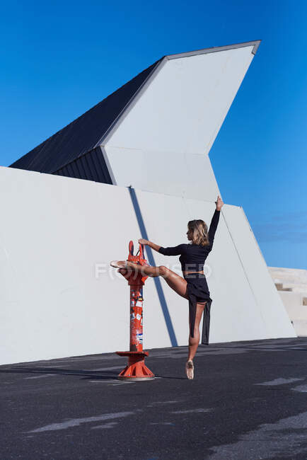 Витончена балерина в взутті, що виконує елемент бального танцю, що стоїть на топі з однією ногою, піднятою на даху сучасної будівлі — стокове фото