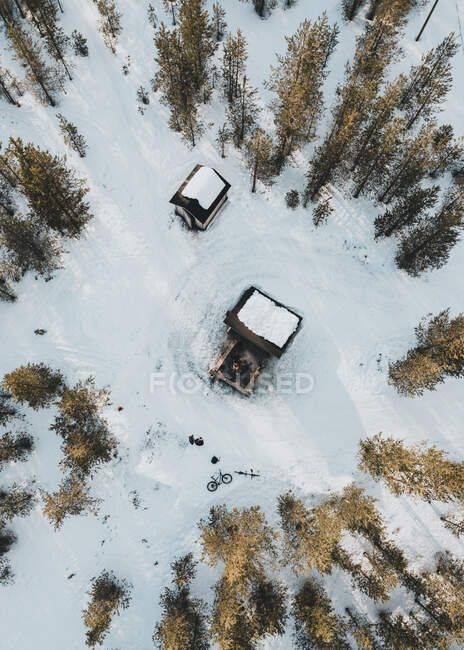 Vista aérea de pequenas cabines de lenhador localizadas em floresta de pinheiros nevados — Fotografia de Stock