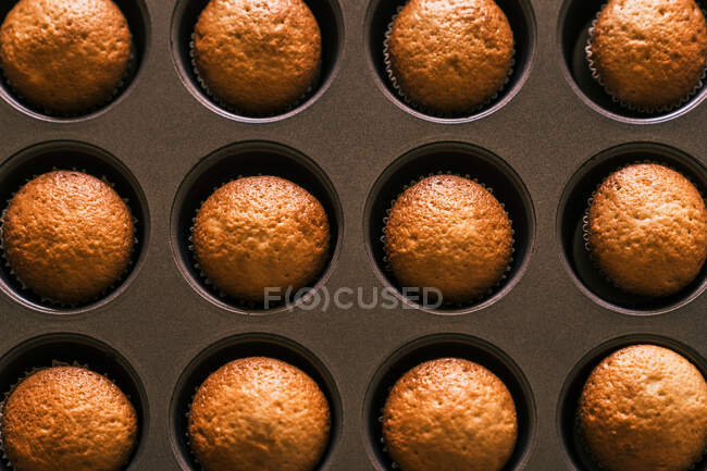 Top view of delicious muffin in paper case on tray placed on wooden table in kitchen — Stock Photo