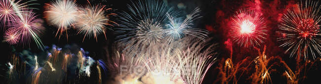Vivid different fireworks exploding on background of black night sky — Stock Photo