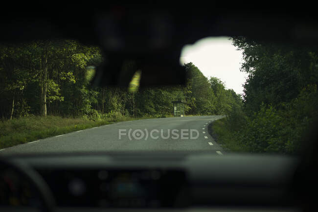 Через вікно автомобіля вид на асфальт самотньої дороги в сільській місцевості, що проходить вздовж зеленого лісу в сонячний день влітку — стокове фото