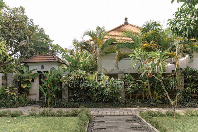 Passerella in pietra che conduce all'ingresso del cottage circondato da piante esotiche nella giornata di sole a Bali — Foto stock